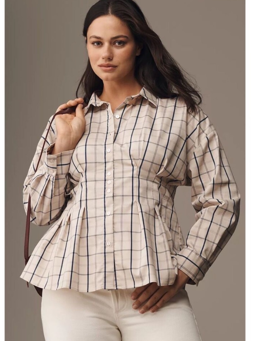 EXQUISE • Anthropologie Tobie Sonya plaid button down shirt ecru blue XS